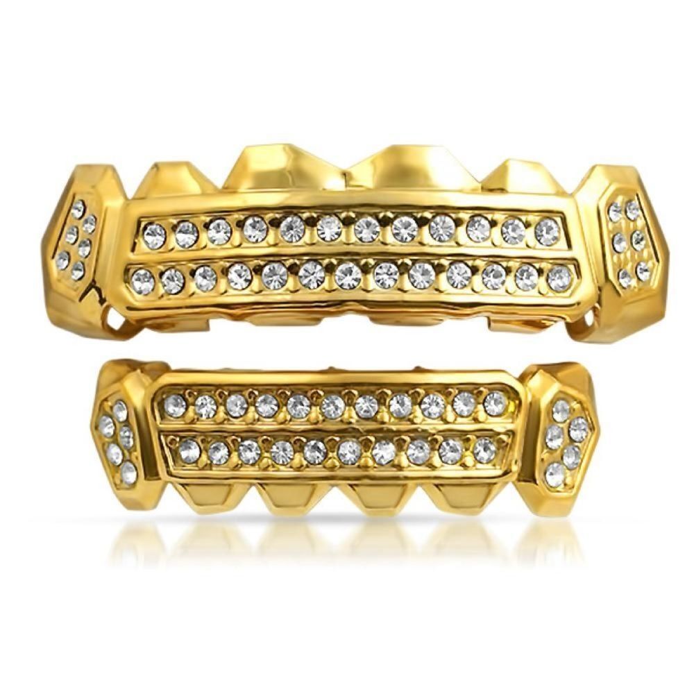 14k Gold Plated Iced Out Robo Grillz Set